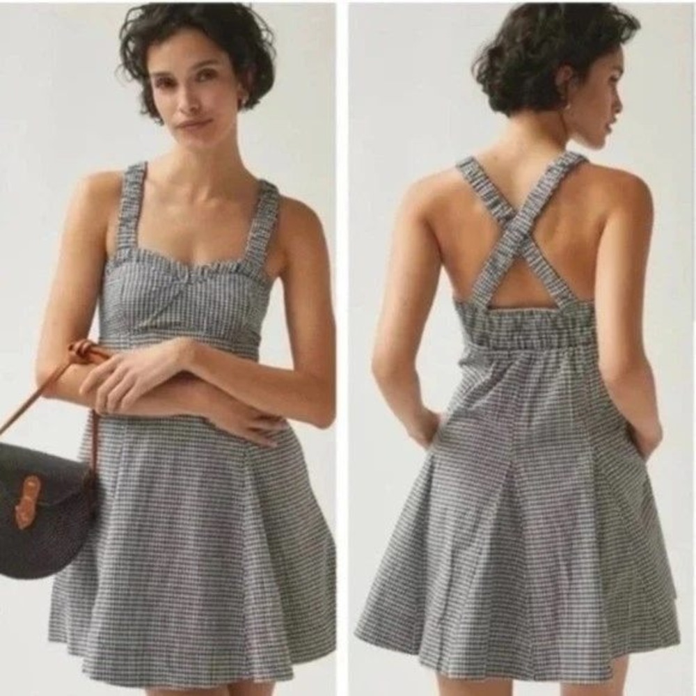 Maeve Gingham Sweatheart Smocked Back Mini Dress Black White Pockets Size XL